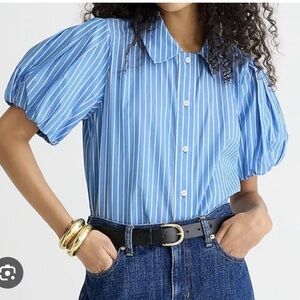 J. Crew Gamine Blue Striped Puff Sleeve Shirt Cropped